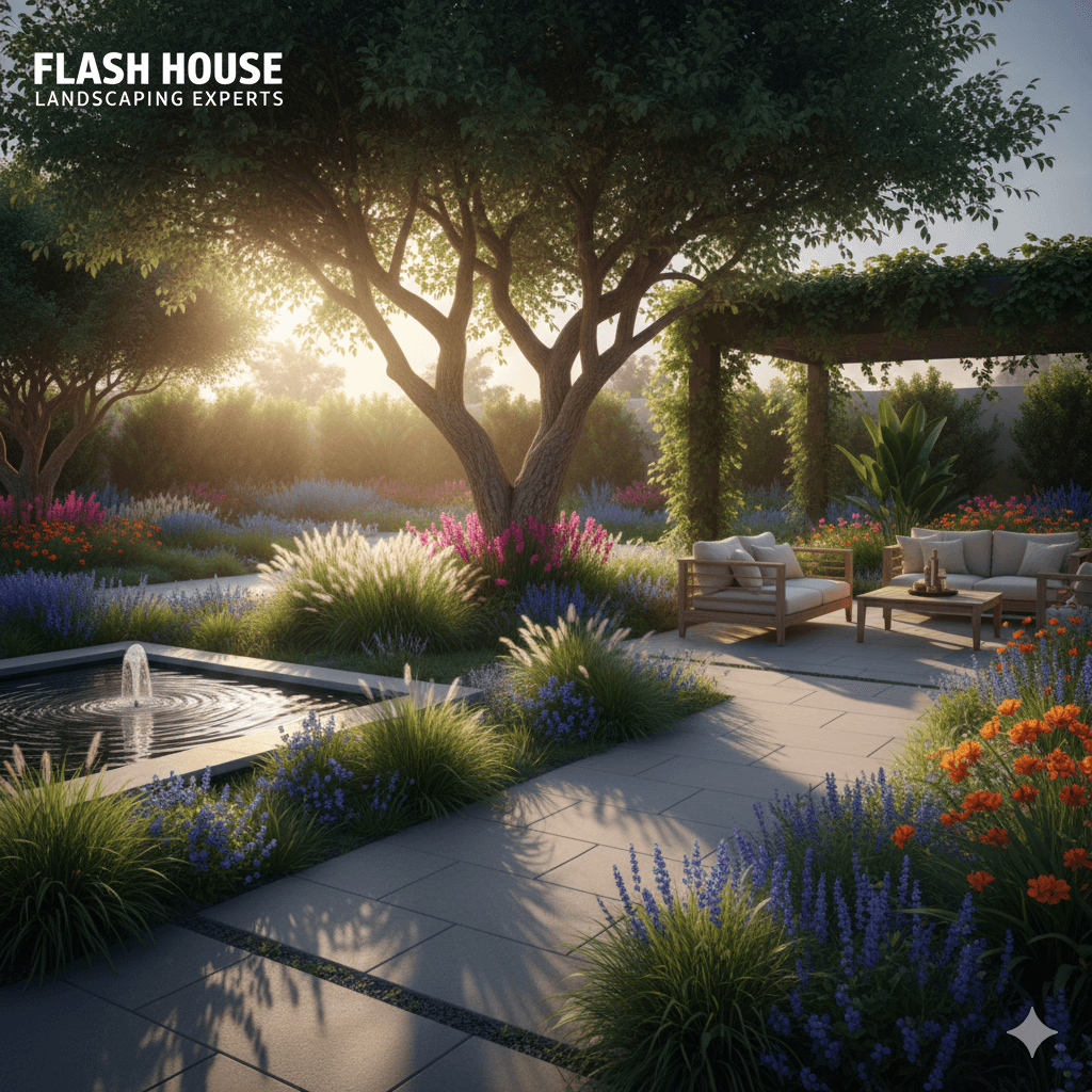 فريق صيانة حدائق محترف يقوم بقطع العشب وتقليم النباتات